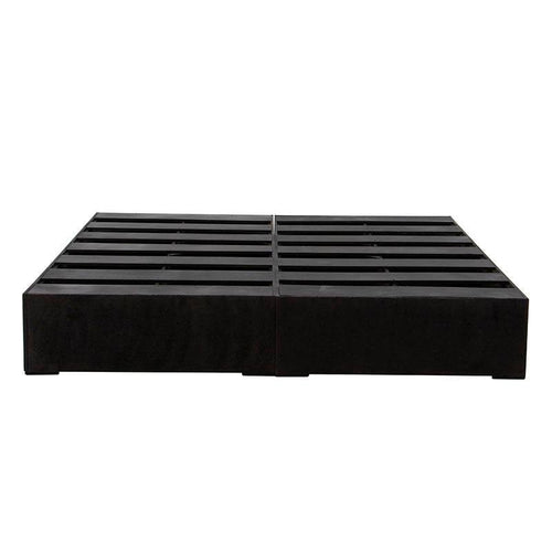 Base de cama Lazy de madera de pino y tapiz de tela en color negro, con dimensiones de 190 cm de largo y 30 cm de alto.