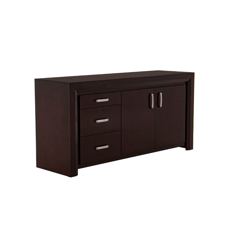Juego de comedor con buffet Quetzal de madera de banak, encino y okumé, en acabado café almendra, 10 piezas, diseño elegante.