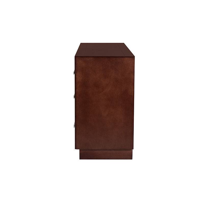 Juego de comedor con buffet Quetzal de madera de nogal, encino y okumé, en tono café, con diseño elegante y funcional.