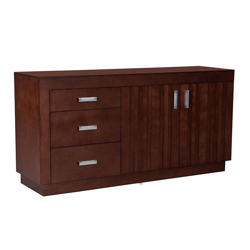 Juego de comedor con buffet Quetzal de 10 piezas, en madera de nogal, encino y okume, estilo café y madera natural.