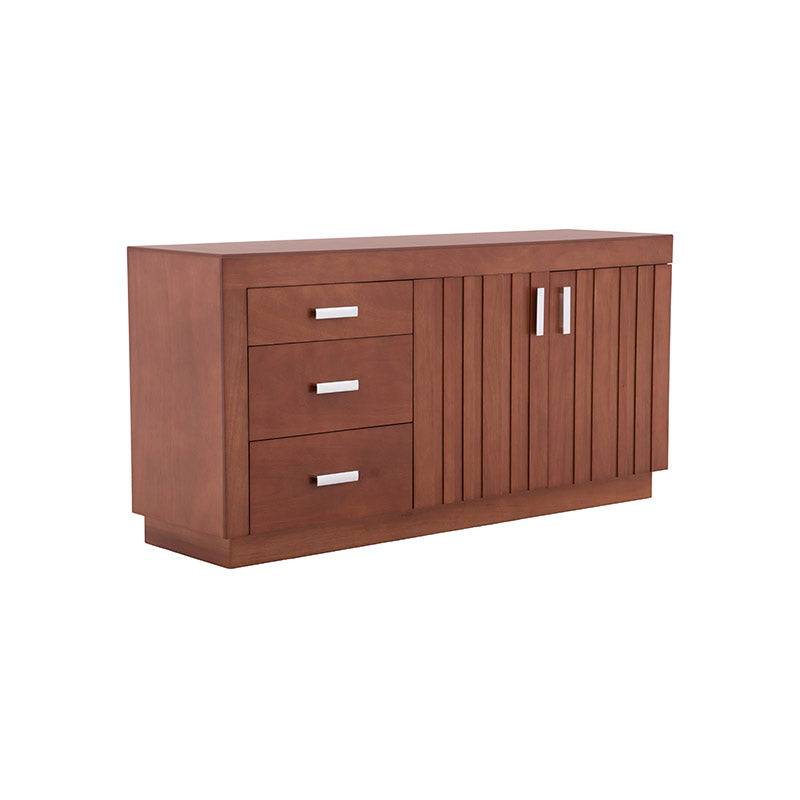 Juego de comedor con buffet Quetzal de madera de banak, encino y okumé, en acabado nogal, 10 piezas, estilo moderno y elegante.