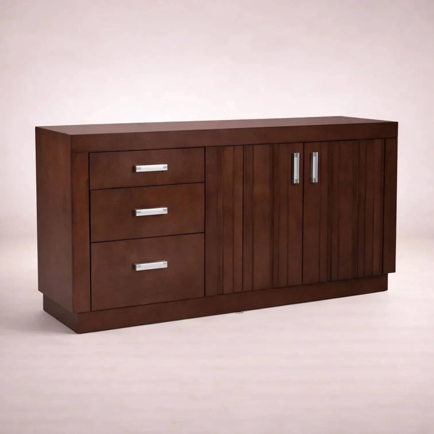 Juego de comedor con buffet Quetzal de madera de nogal, encino y okume, en acabado café y chapa de madera natural.