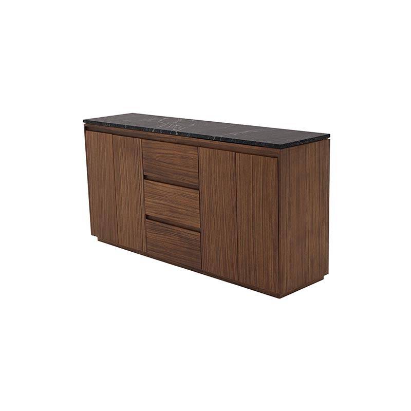 Juego de comedor con buffet Montecarlo de madera de parota y granito natural, de aproximadamente 160 cm de alto y 80 cm de fondo.
