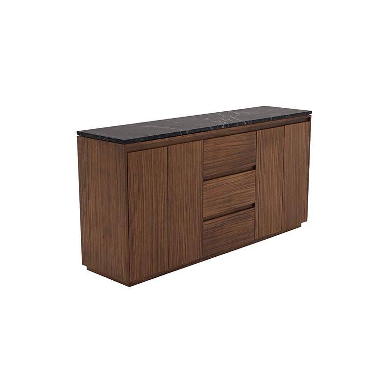 Juego de comedor Montecarlo con buffet de chapa de parota y granito natural, en color café con detalles en granito.