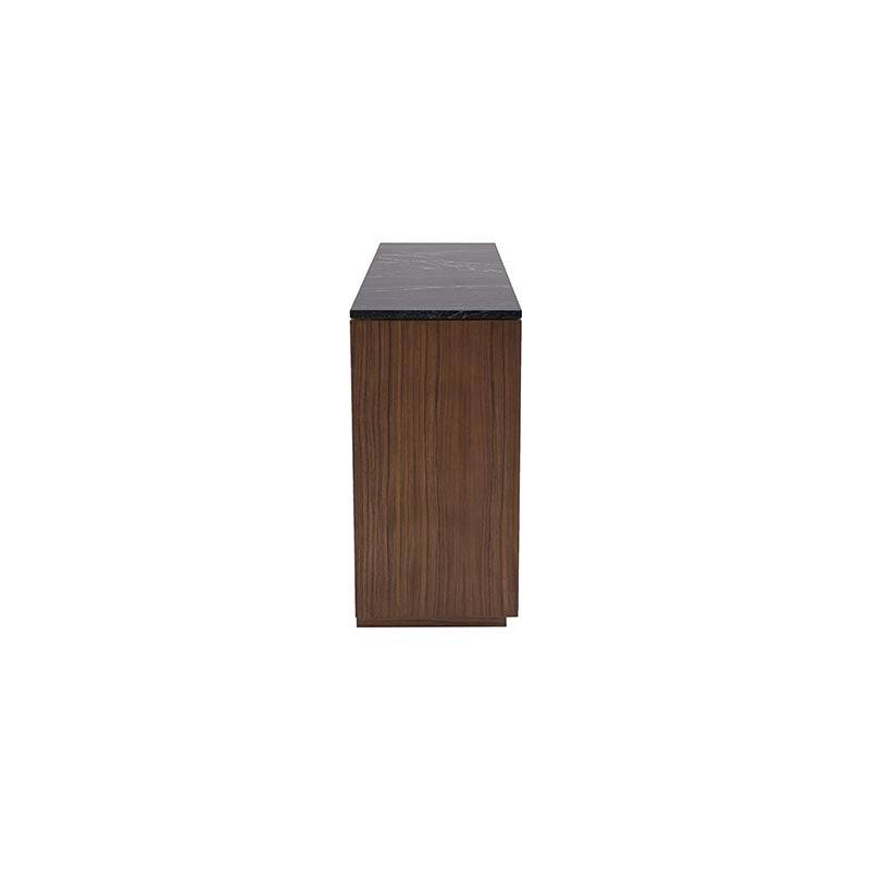Juego de comedor con buffet Montecarlo de madera de parota y granito natural, deoupe.com.mx, frente, 160 cm de ancho, 80 cm de alto.