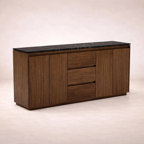 Juego de comedor con buffet Montecarlo deoupe.com.mx, buffet de madera de parota con granito natural, 9 piezas, frente de 160 cm.