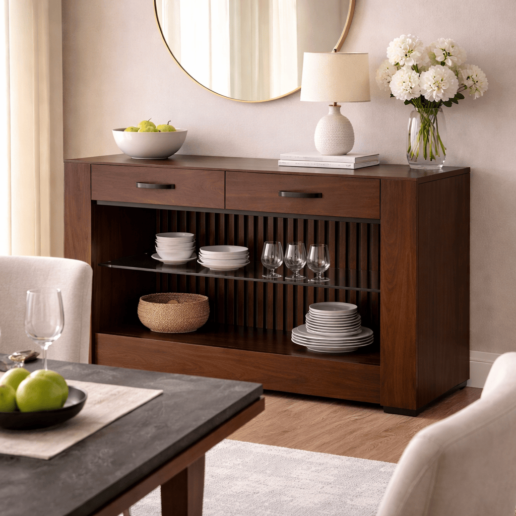 Juego de comedor con buffet Quetzal de madera de pino y estilo bourbon, con mesa y buffet de 171 cm de alto, 80 cm de ancho.
