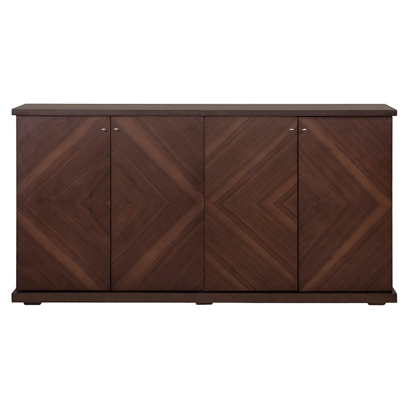 Juego de comedor con buffet Montecarlo de madera de nogal, con mesa y buffet de estilo clásico, frente y vista lateral.