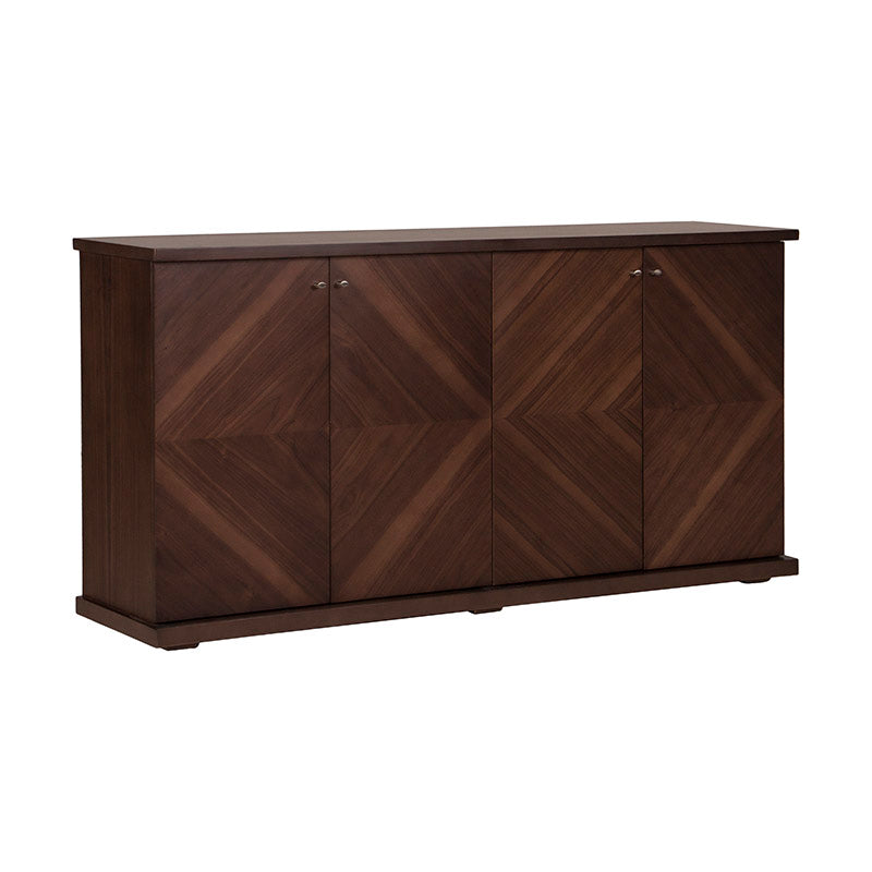 Juego de comedor con buffet Montecarlo de madera de nogal, frente y vista lateral, con dimensiones de 160 cm de alto y 85 cm de fondo.