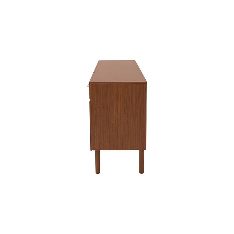 Juego de comedor Quetzal de 7 piezas en madera de nogal y estilo industrial, con buffet de 160 cm de ancho y diseño moderno.