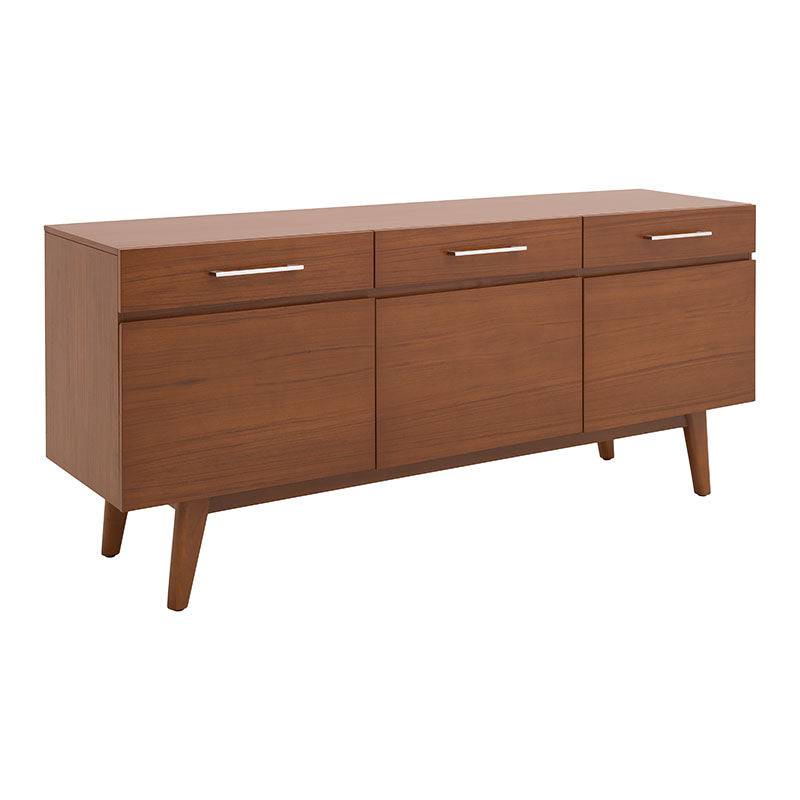 Juego de comedor Quetzal de 7 piezas, buffet de madera industrializada con chapa de nogal, frente y dimensiones.