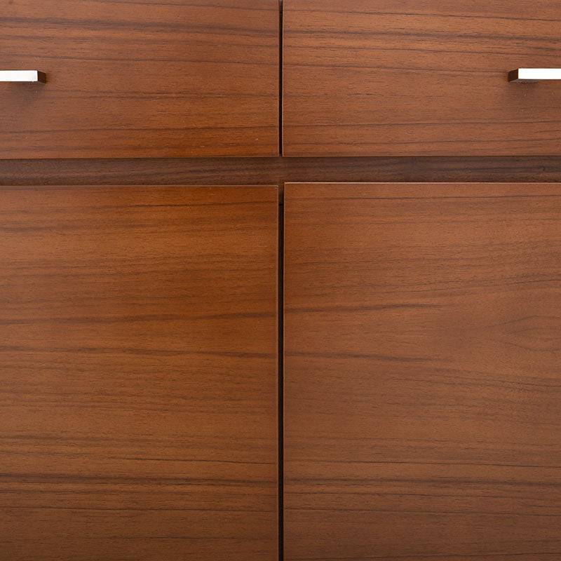 Juego de comedor Quetzal de 7 piezas con buffet de madera nogal y estilo industrial, frente y detalles en chapa de nogal.