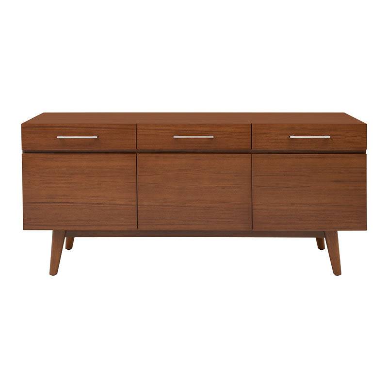 Juego de comedor Quetzal de 7 piezas con buffet de madera industrializada y chapa de nogal, frente y detalles en madera oscura.