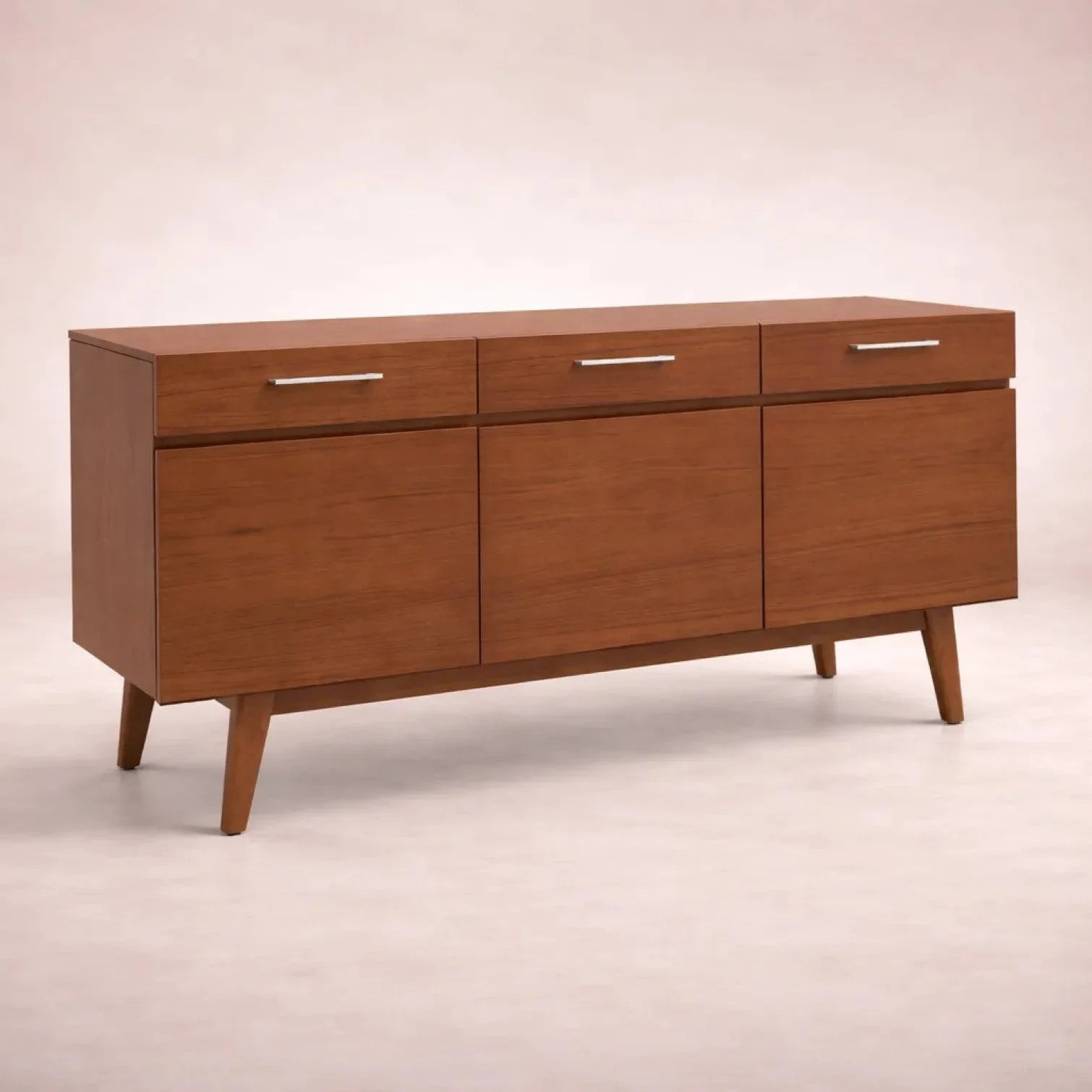 Juego de comedor Quetzal de 7 piezas, buffet de madera nogal con acabado industrial, frente de 160 cm, alto 73 cm y fondo 40 cm