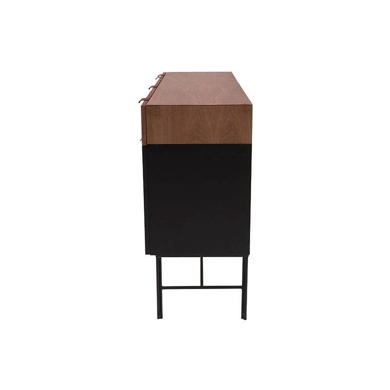 Juego de comedor Jess de cuero negro con buffet de madera de pino y chapa de nogal, 160 cm de ancho, 90 cm de alto.