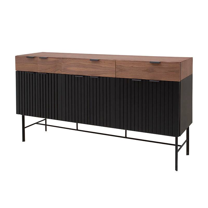 Buffet Jess deurope en nogal negro y madera de pino, con 4 piezas, frente de 160 cm, alto de 90 cm y fondo de 40 cm.
