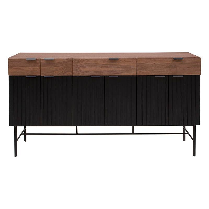 Juego de comedor Jess de 4 piezas con buffet de nogal y madera de pino en acabado industrial, con dimensiones de 160x90x40 cm.