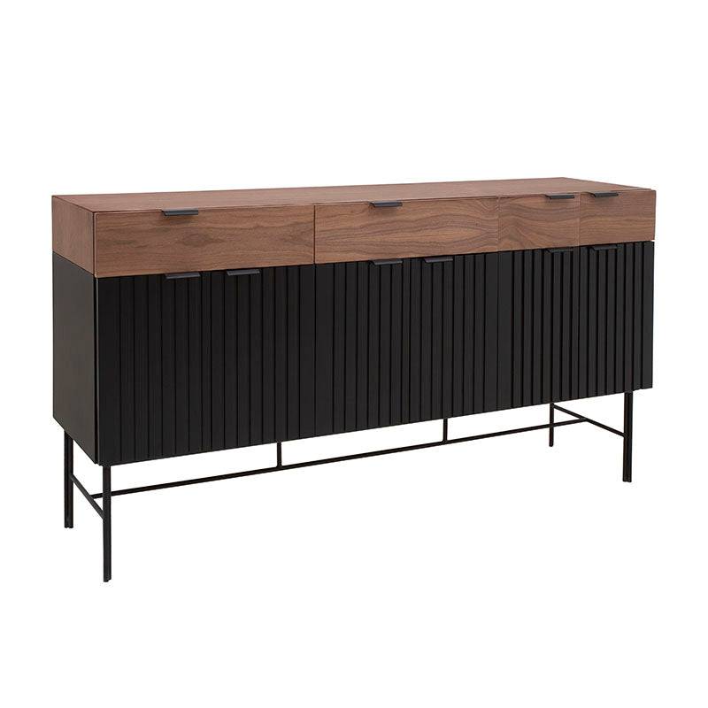 Juego de comedor Jess de 4 piezas en madera de nogal y pino, buffet negro con detalles industriales, 160x90x40 cm.