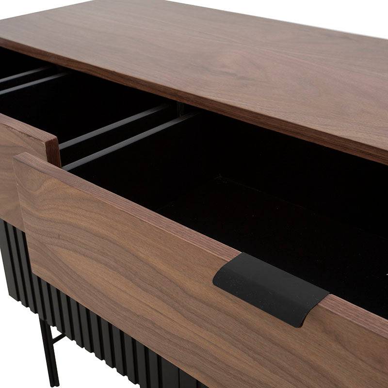 Juego de comedor Jess deurope.com.mx con buffet de madera nogal negro y pino, frente de 160 cm, alto 90 cm y fondo 40 cm.