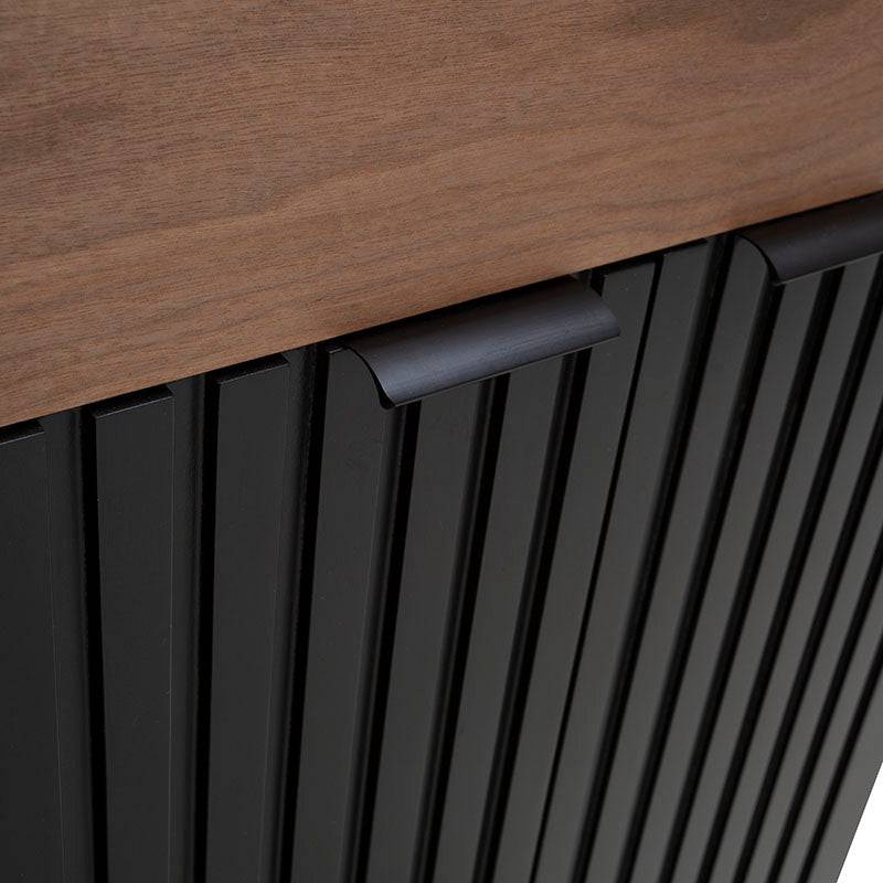 Juego de comedor Jess de 4 piezas de madera de pino y nogal, con buffet negro y industrial, frente de 160 cm, alto 90 cm.