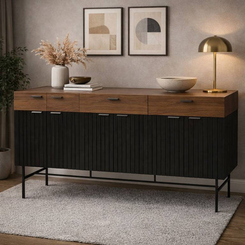 Conjunto de comedor Jess de madera de pino y nogal, incluye buffet negro con 4 piezas, frente de 160 cm y altura de 90 cm
