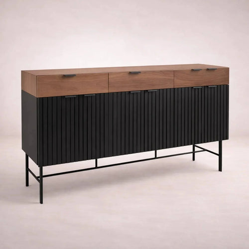 Buffet Jess de comedor de madera nogal y pino en acabado industrial, con frente de chapa, 160 cm de ancho, 90 cm de alto y 40 cm de fondo