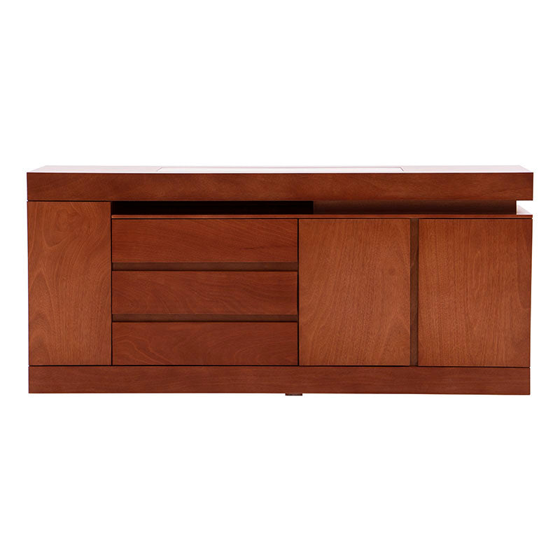 Buffet Tamayo de madera con chapa de caoba y placa de mármol, mide 180 cm de ancho, 80 cm de alto y 40 cm de fondo.