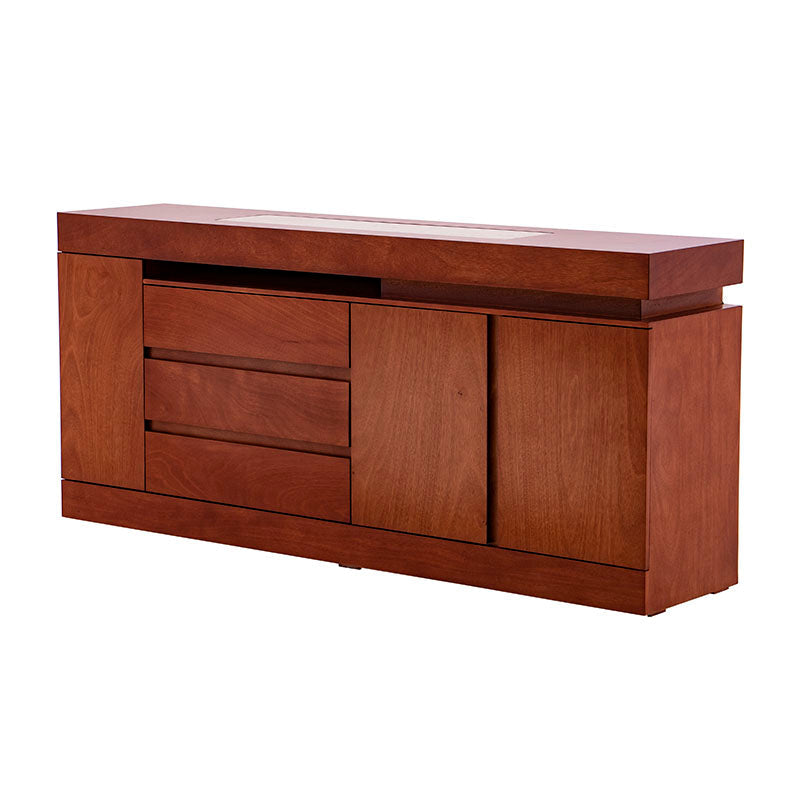 Bufetera Tamayo de madera de caoba con frentes de mármol, 180 cm de ancho, ideal para comedor elegante.