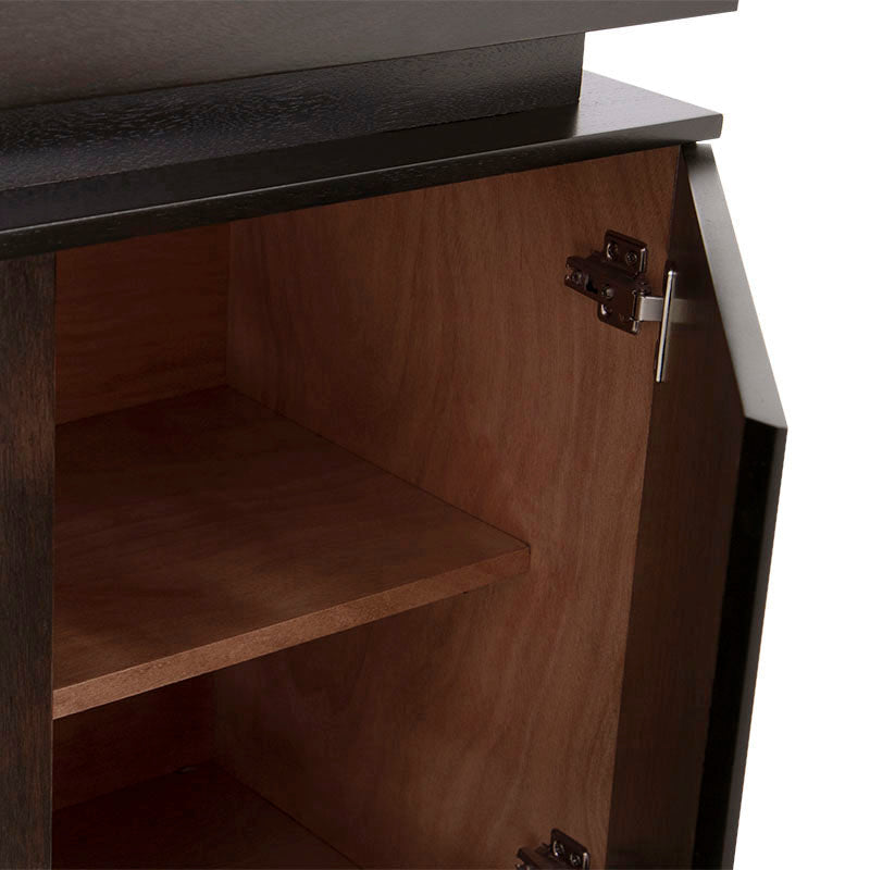 Bufetera Tamayo de madera con chapa de caoba, placa de mármol y diseño elegante, mide 180 cm de largo, 80 cm de alto y 40 cm de fondo.