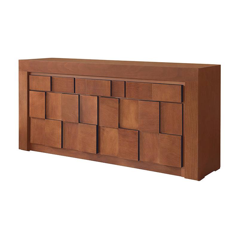 Juego de comedor Quetzal de 12 piezas con buffet de madera industrializada en tono tabaco y chapa de okume y parota.