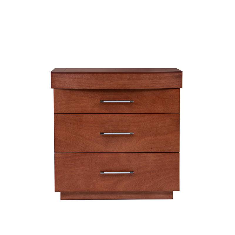 Buro Armenia de color café almendra con chapa de okumé, 70x70x45 cm, en recámara moderna de madera.