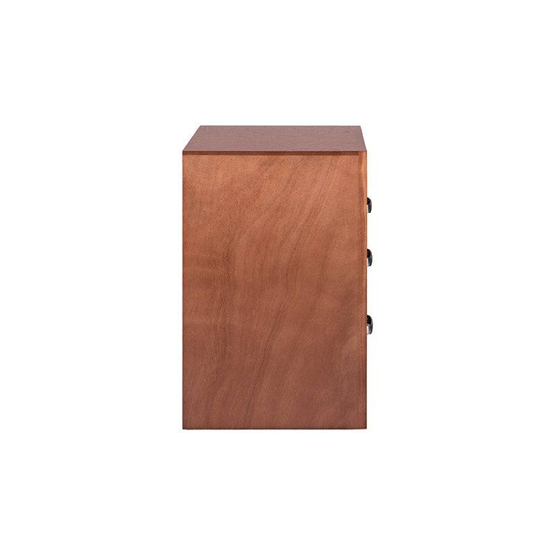 Buro Siena de recámara en madera de banak y chapa de encino con franja leather touch, en color café almendra, de 70x70x45 cm.