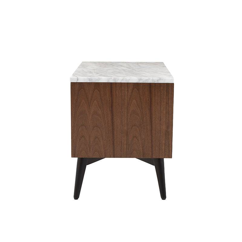 Buró húngaro de madera con acabado en nogal negro y detalles en mármol Carrara, frente de 55 cm, estilo industrial y elegante.