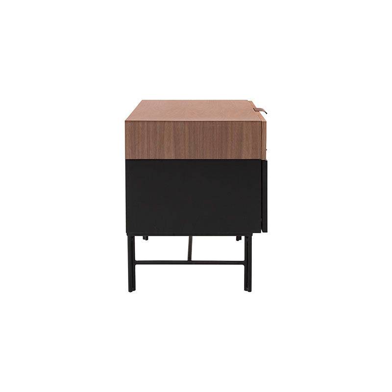 Buro Jess de madera de pino en acabado nogal negro, con 55 cm de alto y 40 cm de fondo, frente de chapa de nogal.