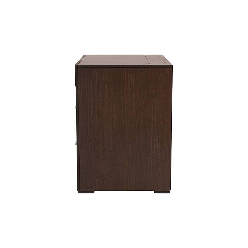 Buro de recámara Boston de madera oscura con acabado industrial, frente de 60 cm, alto 70 cm y fondo de 46 cm, estilo moderno.