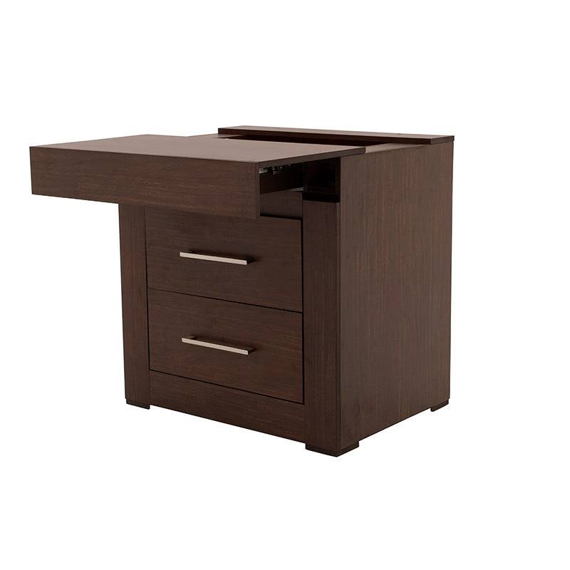 Buro de recámara Boston en nogal oscuro de estilo industrial, con dimensiones de 60x70x46 cm, de deurope.com.mx