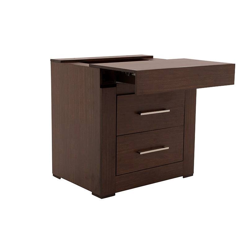 Buro de recámara Boston deupeor.com.mx en madera oscura, con diseño industrial, frente de 60 cm, alto 70 cm y fondo 46 cm.