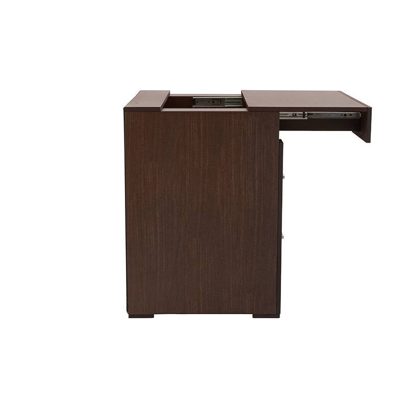 Buro de recámara Boston deurope.com.mx en madera nogal oscuro, con diseño industrial, frente de 60 cm, alto 70 cm y fondo 46 cm.