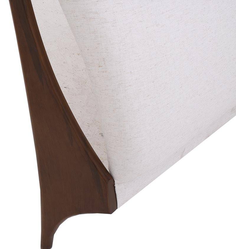 Cabecera Palta de Deurope en color nogal beige, con detalles en madera, frente y vista lateral, mide 232 cm de ancho y 110 cm de alto.
