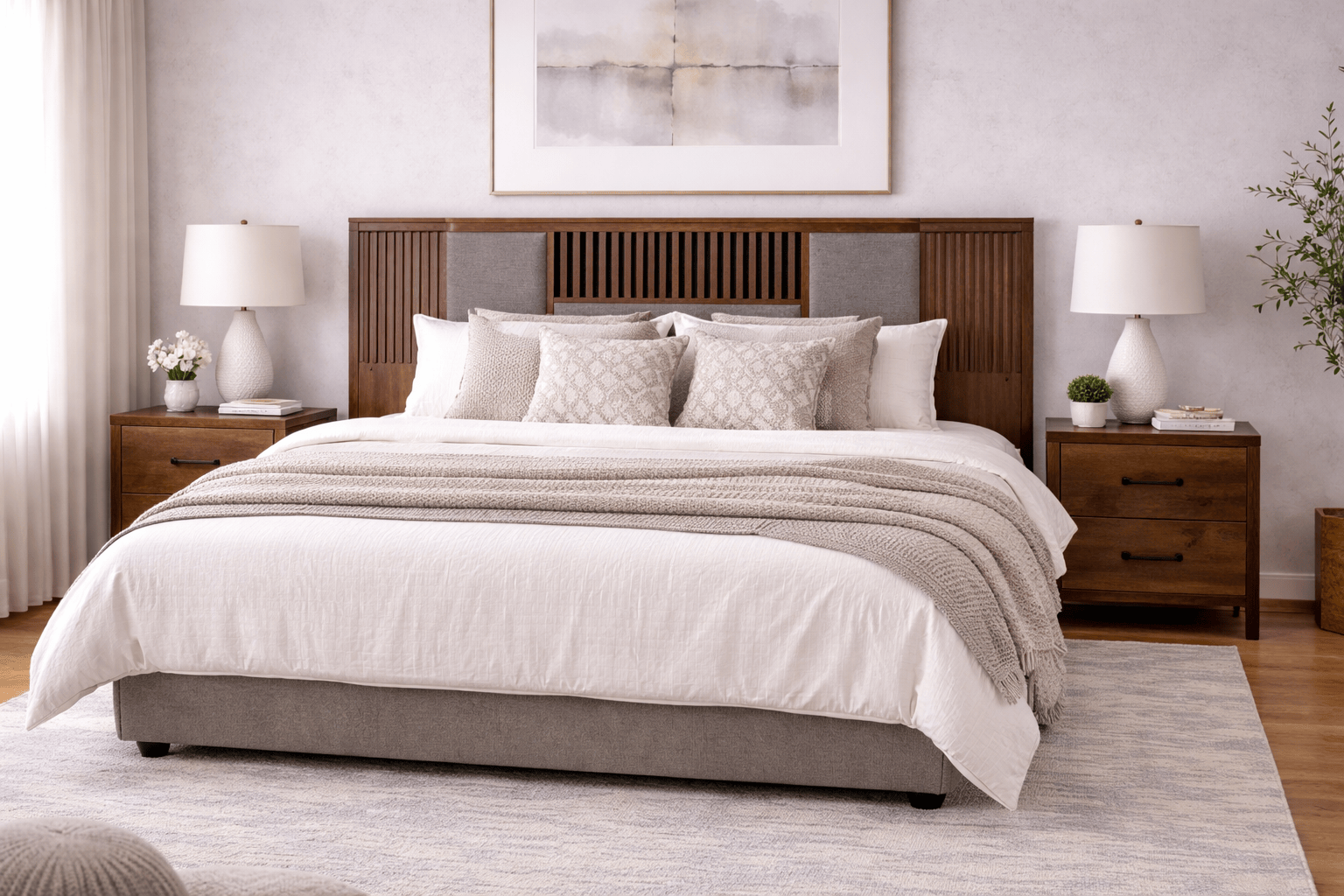 Juego de recámara Bourbon de 3 piezas con cabeceras elegantes en tonos neutros, ideal para decorar dormitorios modernos.