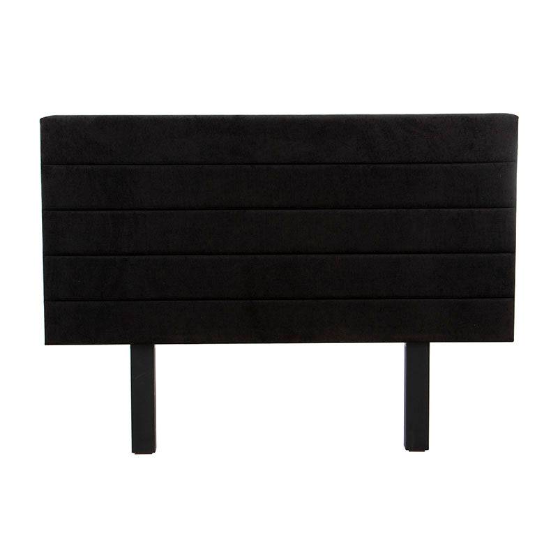 Cabecera Lazy de tapiz negro para cama doble, con estructura en madera y diseño moderno, mide 110 cm de alto y 150 cm de ancho.