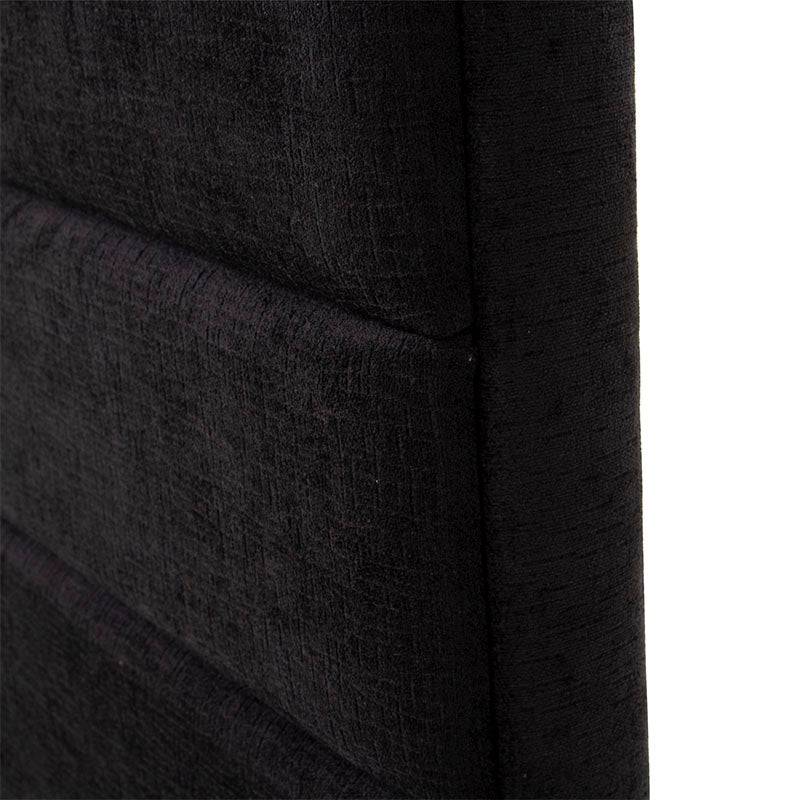 Cabecera Lazy de color negro, tapizada en tela, con diseño plano y detalles en el frente, mide 150 cm de alto y 13 cm de fondo.