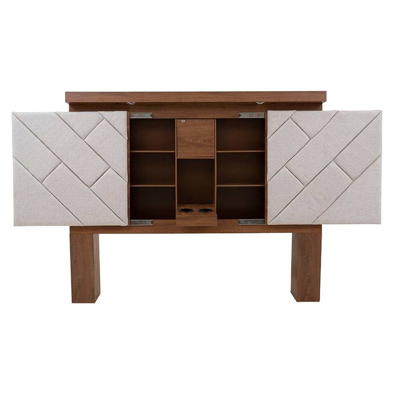 Cabecera de recámara Alejandría de Deurope en madera industrializada color nogal y tapiz beige, con dimensiones de 200 cm de ancho.