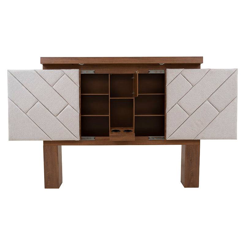 Cabecera de recámara Alejandria de Deurope en madera industrializada color nogal beige con tapiz en tela, 200 cm de ancho.