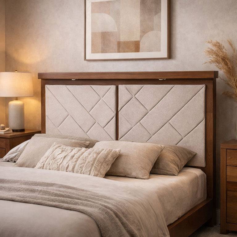 Cabeceras de recámara Alejandria de Deurope en madera industrializada beige con tapiz de tela, 200 cm de ancho, 166 cm de alto.