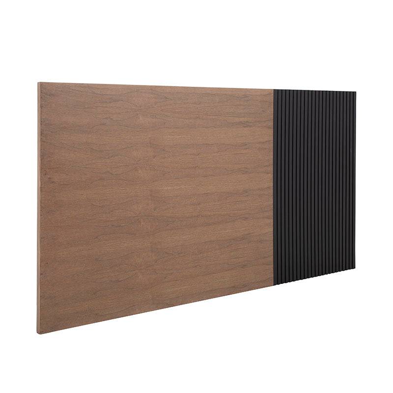 Cabecera Jess de madera de pino con chapa de nogal en acabado mate, negra, de 146 cm de ancho, 120 cm de alto y 5 cm de fondo.