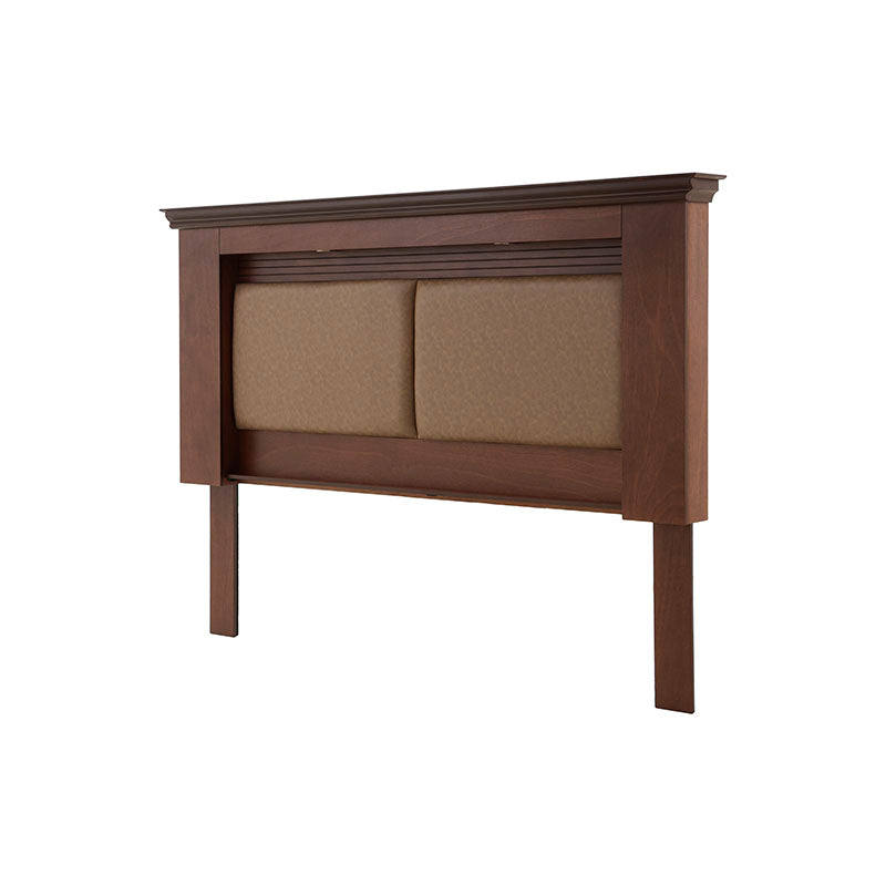 Cabecera Perth de madera industrializada con chapa de okume, en tonos tabaco y diseño moderno, mide 211 cm de ancho.