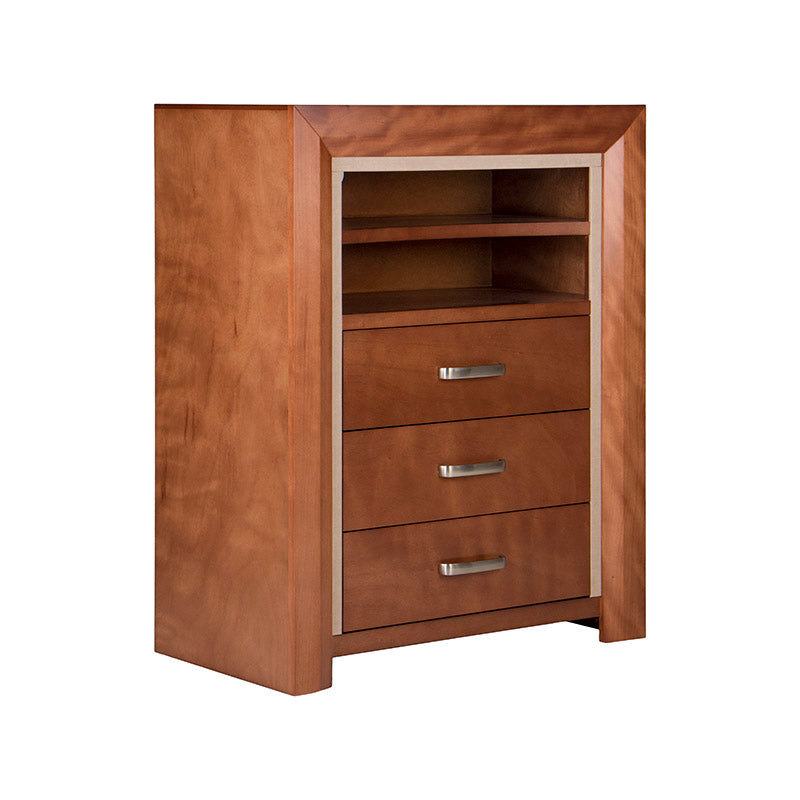 Cajonera Siena de madera de banak, chapa de encino y okume, con franja leather touch, en color café almendra, 90x115x50 cm.
