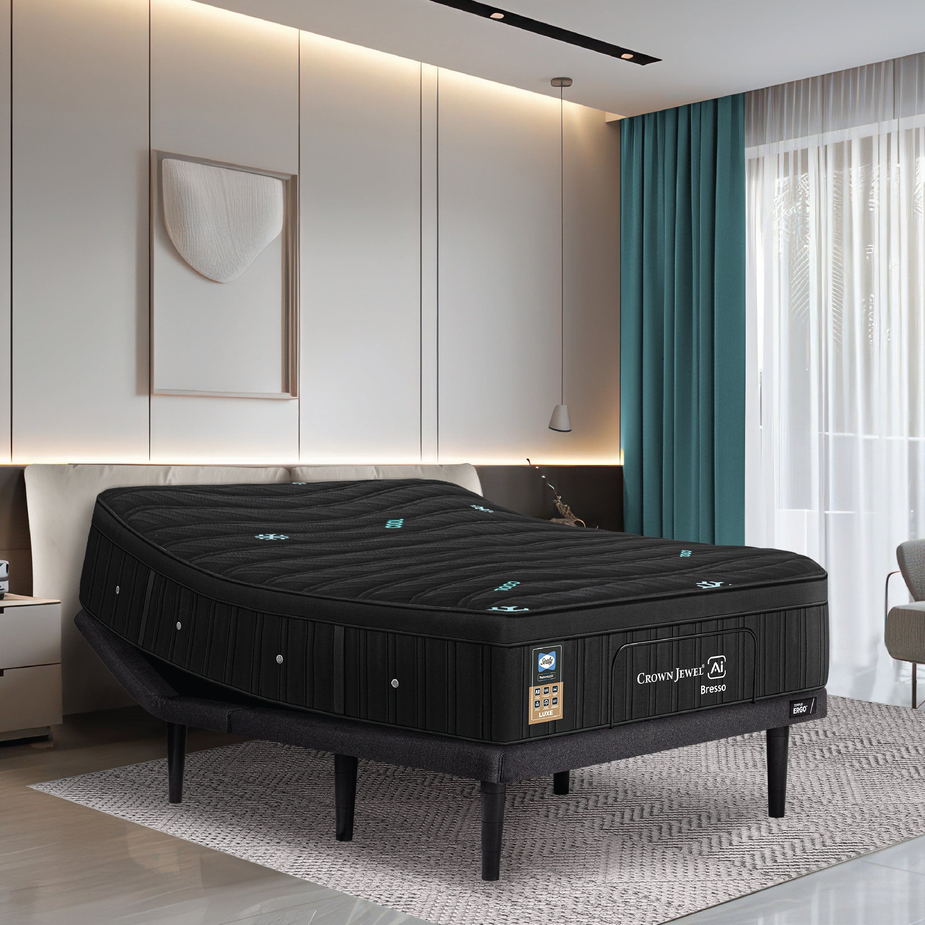 Colchón con base eléctrica Bresso King Size de tejido de punto, antialérgico y antibacterial, en habitación moderna.