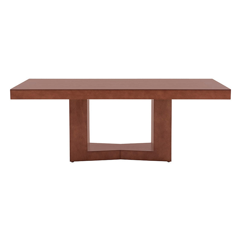 Juego de comedor de 9 piezas de madera en tonos nogal y encino, con mesa de 210 cm de largo y sillas a juego.